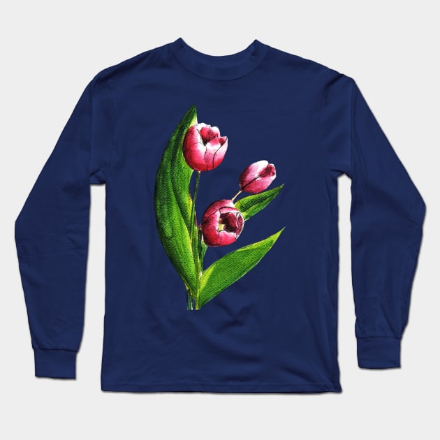 Pink Tulip Flowers Watercolor Painting Long Sleeve T-Shirt by Ratna Arts